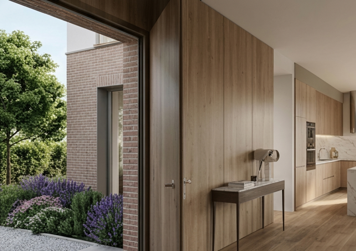 Render di ambiente living con finiture contemporanee